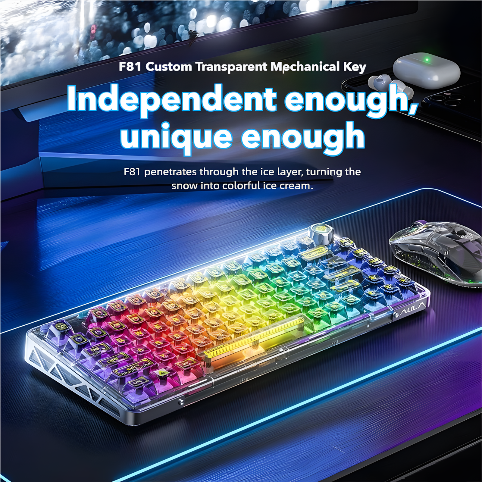 AULA F81 Wireless Tri-Mode Transparent Mechanical Keyboard | 75% Compact Layout, Hot-Swappable, RGB Backlit for Gaming & Office
