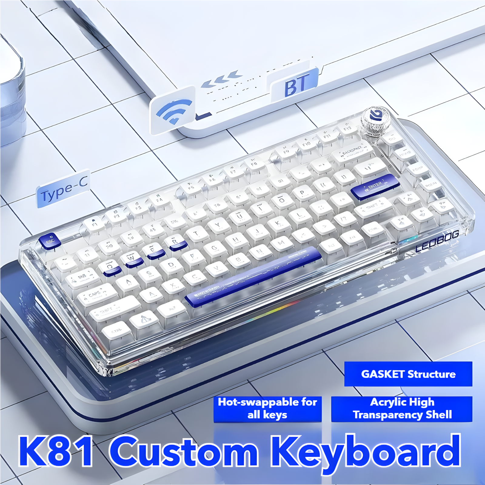 LEOBOG K81 75% Custom Mechanical Keyboard | Wireless Tri-Mode, Hot-Swappable, Gasket Mount, Transparent Case